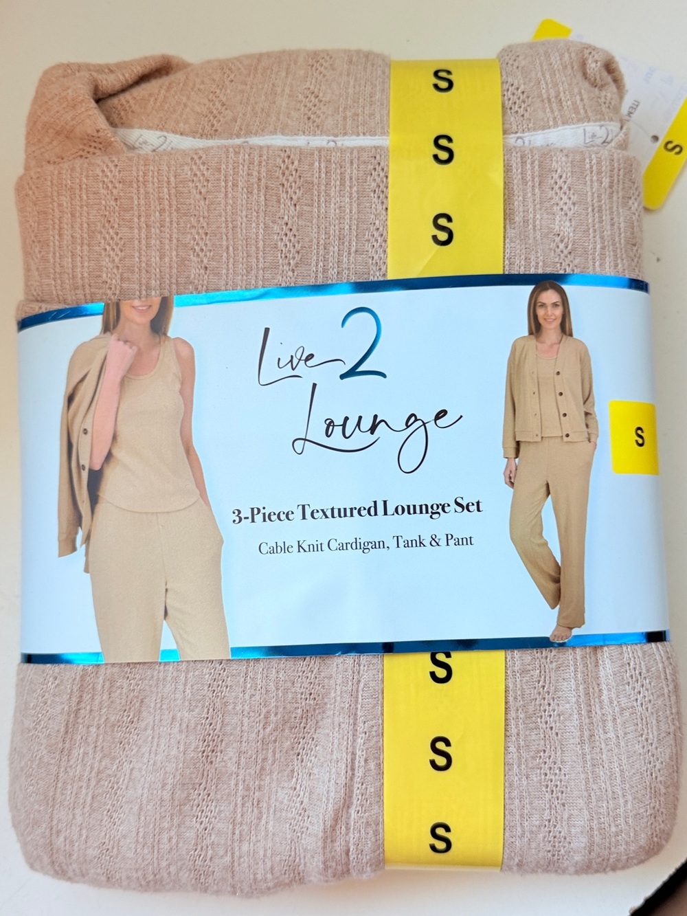 3-Piece Textured Lounge Set Cable Knit Cardigan, Tank & Pant Live 2 Lounge small